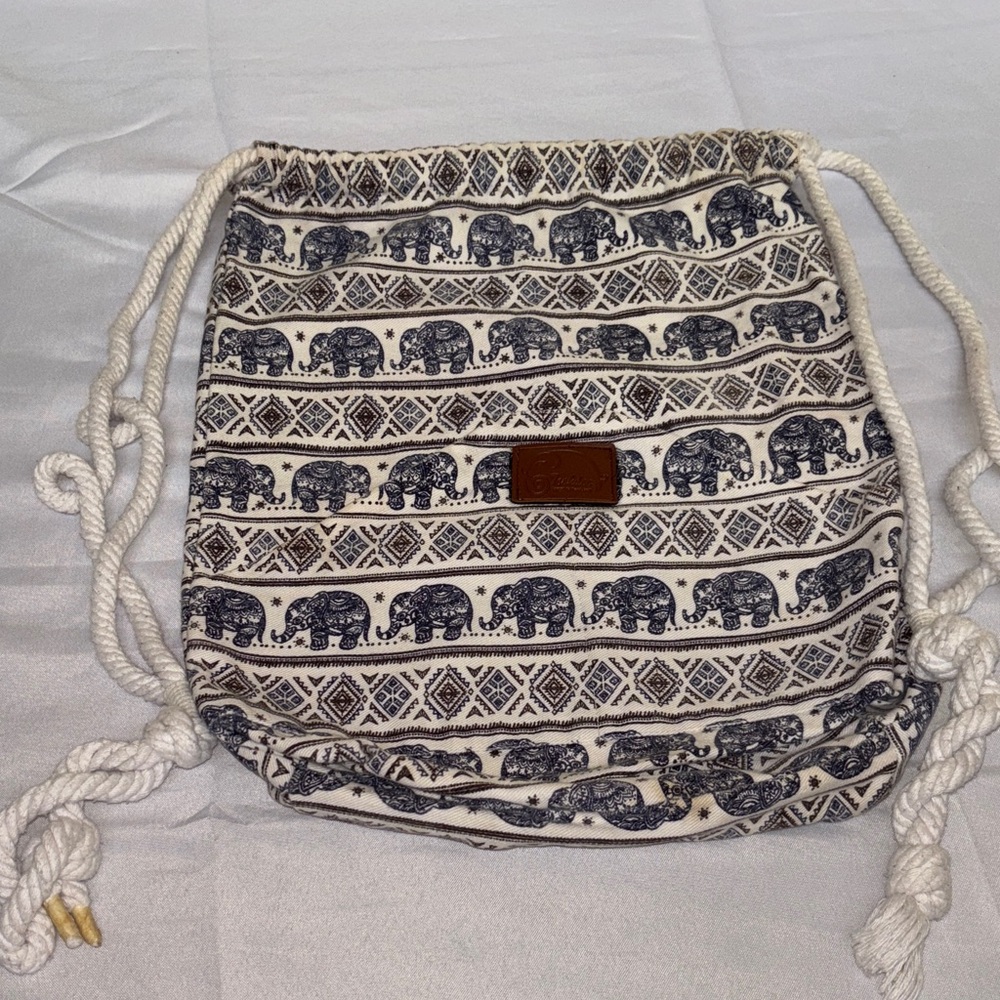 Canvas Elephant Print Drawstring Backpack Bohemia… - image 1